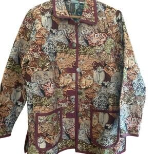 Vintage 80s 90s Tapestry KITTY CAT Chore Coat Jacket Pockets Large L Granny